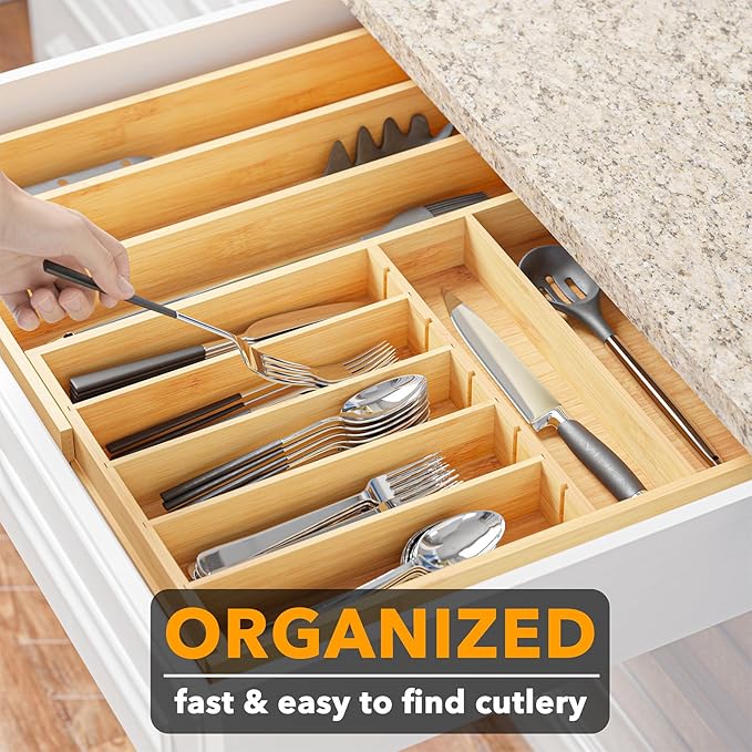 SpaceAid 2.5" High Bamboo Silverware Drawer Organizer with Labels, Kitchen Utensil Expandable Tray Holder for Flatware, Cutlery, Spoon and Knives Drawer Storage Organization (Natural)