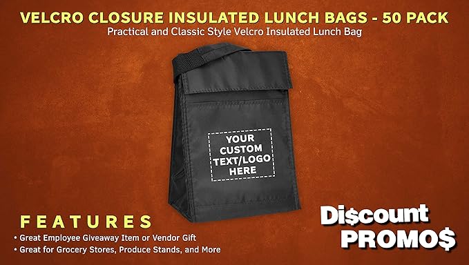 DISCOUNT PROMOS 50 Hook and Loop Insulated Lunch Bags Set - Customizable Text, Logo - Polyester, Durable, Vibrant, Reusable - Black