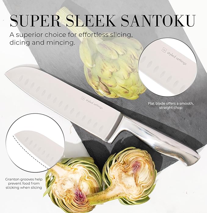 Styled Settings Stainless Steel Knife Set with Built In Sharpener - 14 Piece Ultra Sharp, High Carbon Stainless Steel Kitchen Knife Set Includes White Knife Block with Sharpener Built In