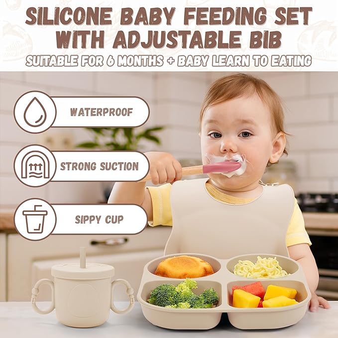 Silicone Baby Feeding Set, Baby Led Weaning Supplies, Baby Food Tableware Silicone Suction Plate, Bowl, Spoons, Fork, Waterproof Bib, Cup & Complementary Food Cake Mold, Baby Eating Utensils