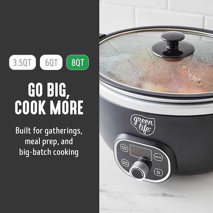 GreenLife 8QT Slow Cooker, Non-Toxic PFAS-Free Ceramic Nonstick Removable Interior Bowl, Programmable, Family Friendly, Keep Warm, Stovetop & Oven Safe, Dishwasher Safe Parts, Timer, Glass Lid, Black
