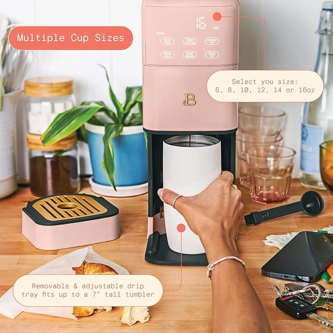 Beautiful Perfect Grind Programmable Single Serve Coffee Maker with Touch Display and Integrated Burr Grinder, Auto Coffee Strength Selection, 64oz Water Reservoir (Rose)