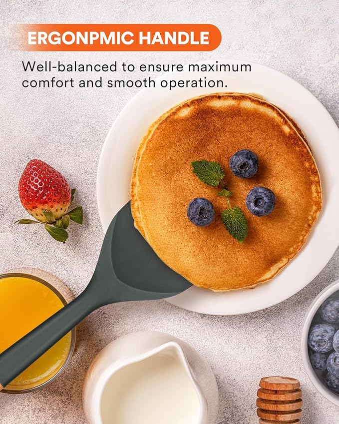 Nonstick Silicone Spatula, Non Scratch Flexible Edge for Pans, Slip Resistant comfortable Wooden Handle, Heat Resistant BPA-Free Kitchen Spatulas for Cooking, 13.2 Inch, Grey