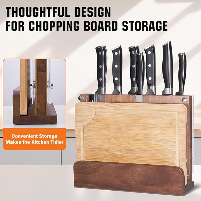 ENOKING Magnetic Knife Block 12.2 x 9.3", Double Sided Magnetic Knife Holde with Knife Sharpener, Acacia Wood Magnetic Knife Stand with Acrylic Shield for Kitchen Countertop