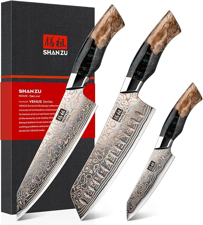 SHAN ZU Damascus Knife Set, Copper & Damascus Steel Japanese Kitchen Knives, High Carbon 33 Layer Hand Forged Utility Knife Professional Sharp Kitchen Knife with Maple Wood Handle