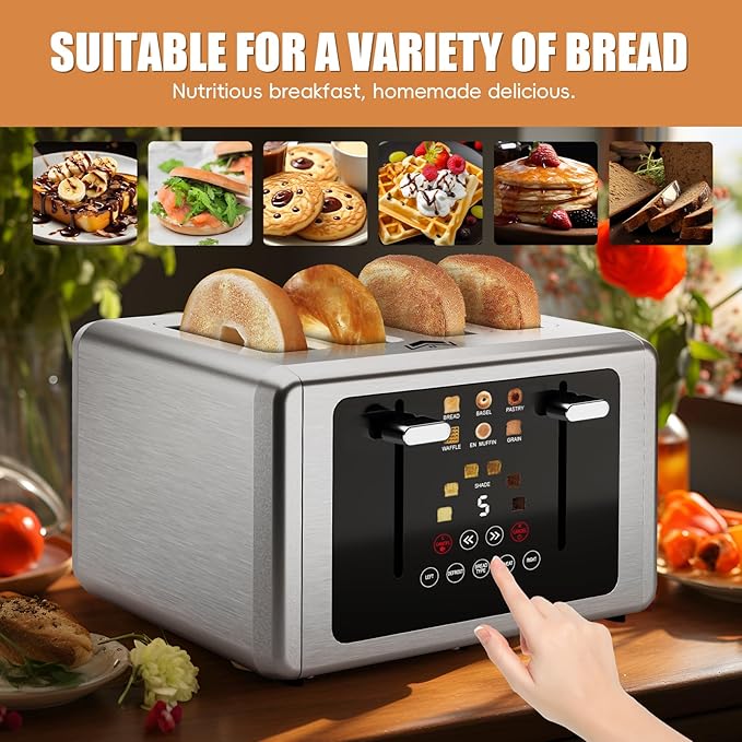 Touch screen Toaster 4 slice,Stainless Steel Digital Timer Toasters with Sound/Screen-Off Function,6 Bread Types & Shade Settings,Smart 1.5 Wide Slots Toaster with Bagel,Defrost,Stainless Steel