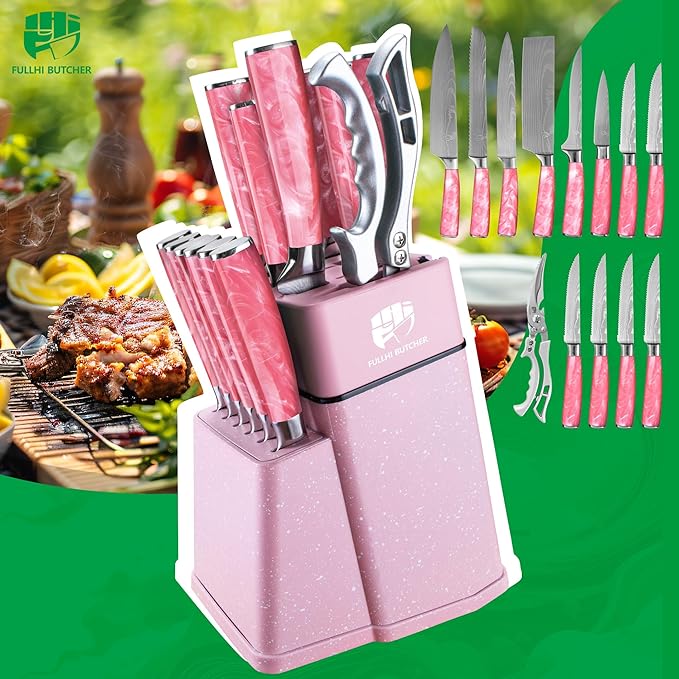 FULLHI 14pcs Block Knife Set, Chef's Knife Steak Knives Set with Block and Sharpener, Kitchen Knife Set, Multi-colour Handle, Gifts for Men Women