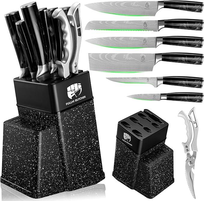 FULLHI 8pcs block Knife Set,chef's Knves Set with Block and Sharpener, Kitchen Knife Set,Multi-colour Handle, Gifts for Men Women
