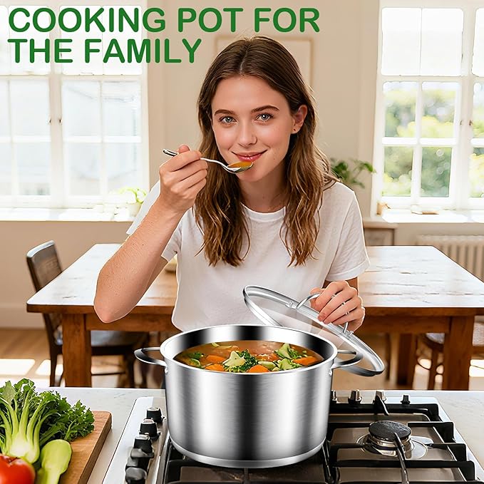 Cooking Pot, Stainless Steel Stock Pot, Soup Pot with Glass Lid, Induction Pots - 6.8 Quart