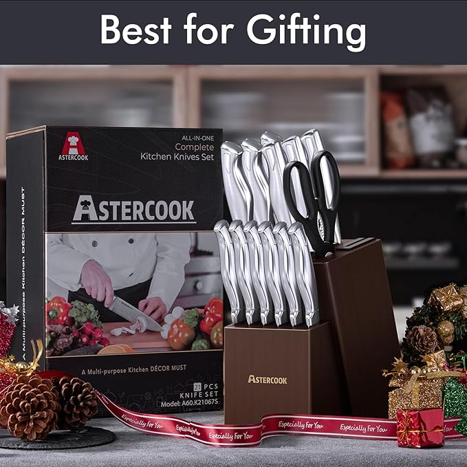 Knife Set, Astercook 15 Pieces Kitchen Knife Set with Built-in Sharpener, German Stainless Steel Knife Block Set, Razor-Sharp Knives with Full-tang Handle, Dishwasher Safe, Silver