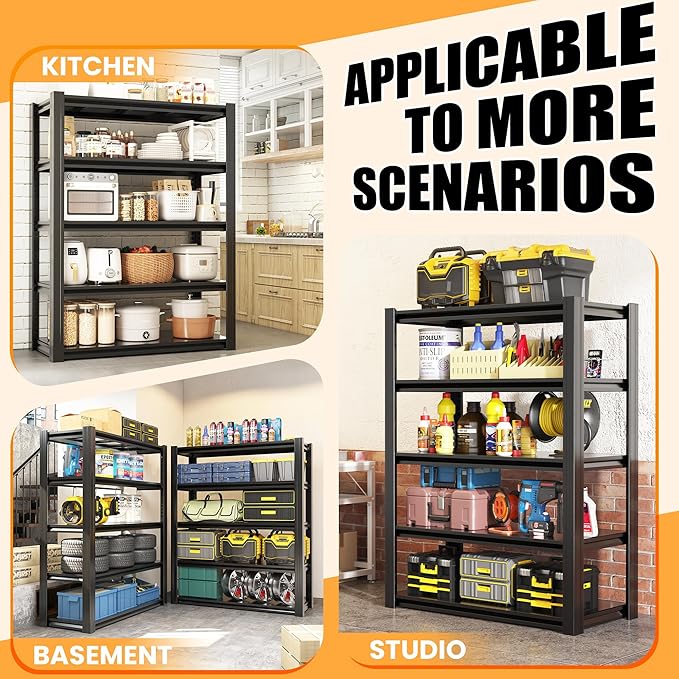 63" H Garage Shelving, Heavy Duty Storage Shelves, Garage Storage Shelves, Adjustable 5 Tier Metal Shelving Unit, Utility Shelves for Warehouse Backyard, 63" H×31.5" W×16" D