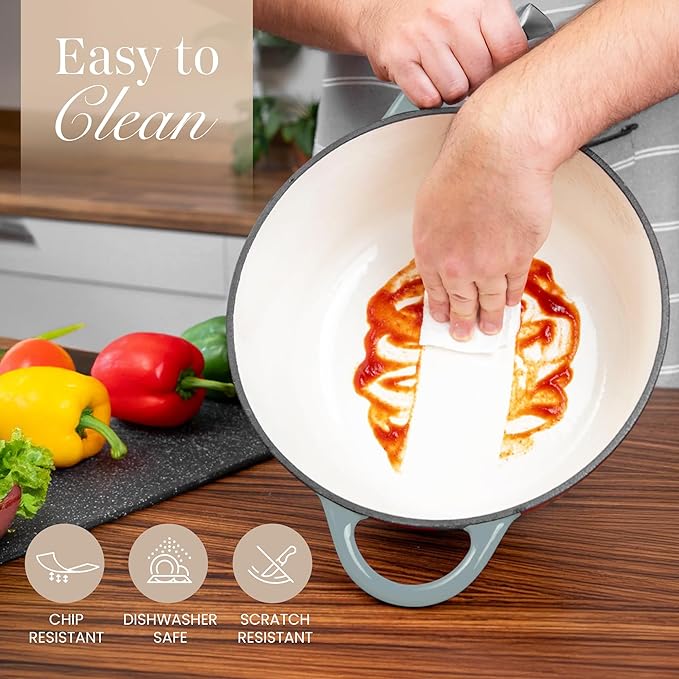 Nuovva Enamelled Cast Iron Dutch Oven Pot with Lid 6.4 Quart Non Stick Casserole Pot – Heavy Duty & Oven Safe up to 500° F for Bread Baking, Braising, Stews, Roasting – 28cm Sea Salt