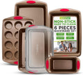 NutriChef 6-Piece Bakeware Set - Carbon Steel Stackable Bakeware with Red Silicone Handles & Nonstick Coating, Includes Cookie Sheets, Roaster Pan with Lid, Loaf, and 12 Cup Muffin Pan (Gold)