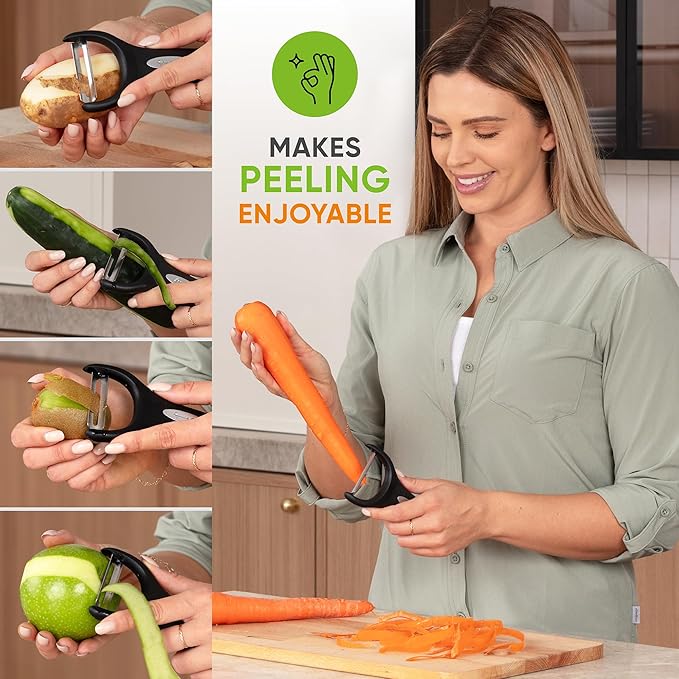 Spring Chef Swivel Vegetable Peeler & Y Potato Peeler for Kitchen with Soft Grip Handles and Ultra Sharp Stainless Steel Blades, Perfect for Veggie, Fruit, Carrot, Apple - Dishwasher Safe - Black