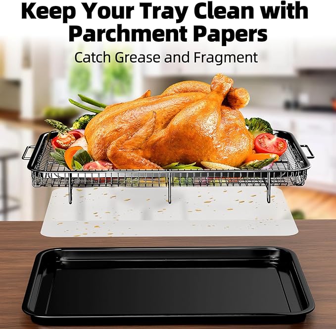 Air Fryer Basket for Oven, Extra Large 18.8" x 12.8" Oven Air Fryer Basket and Tray Set with 30 PCS Parchment Papers, DEGOVIN Stainless Steel Oven Pan and Crisper Tray (Black)