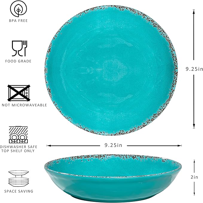 Farmhouse Melamine Pasta Bowls Set of 6, 42 OZ Shallow Individual Bowl, Melamine Pasta Plates and Salad Bowls sets, Dishwasher Safe Serving,Snack bowl,Fruit Bowl, Teal