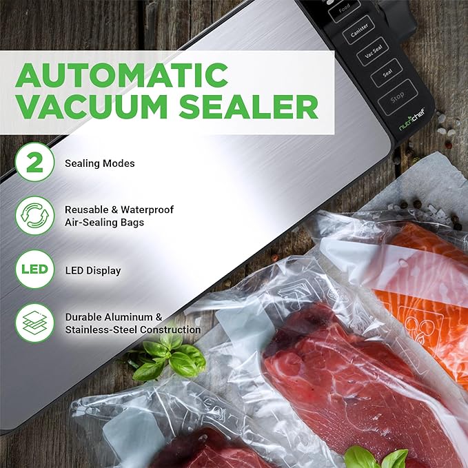 NutriChef Automatic Food Vacuum Sealer Machine - Electric Air Sealing Preserver with 5 Reusable Bags, LED Controls, High-Power Suction, for Dry & Moist Foods, Stainless Steel Housing