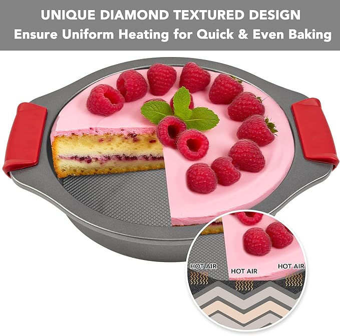 Tiawudi 9" Round Cake Pan Set of 2, 0.8mm Thick Heavy Duty Bakeware for Tiered & Layered Cakes, Nonstick Baking Pan with Diamond Texture for Even Heating, Cake Mold with Silicone Grip Handles