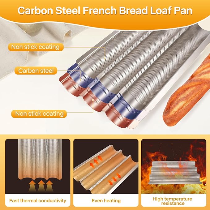 Baguette Bread Pan, Perforated French Bread Pans 15x11 Inch Nonstick, 3 Waves Loaf Tin for Homemade Sourdough Baguettes Baking, Oven Safe, 2 Pack, Gold