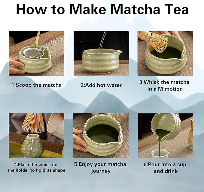 Matcha Whisk Set, Matcha Bowl with Spout, Matcha Whisk and Holder, Bamboo Matcha Scoop and Stainless Steel Sifter - 5 Pcs Mottled Green Kit Gift for Birthday Christmas