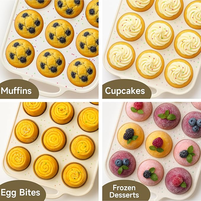 Silicone Muffin Pan for Baking with Metal Frame, Nonstick, 12 Cups Silicone Cupcake Pan, Muffin Tray, Muffin Molds for Baking Muffins, Cupcakes, Egg Bites (Cream, 1Pcs)