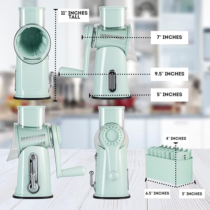 5 in1 Rotary Cheese Grater with Handle, Rotary Grater, Vegetable Slicer, Shredder, Carrot Grater, Nut Grinder, and Chocolate Shaver (Light Green)