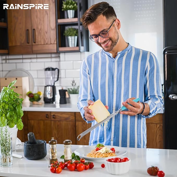 Rainspire Zester Grater with Handle, Lemon Zester Cheese Grater for Kitchen Stainless Steel, Parmesan Cheese Garlic Nutmeg Chocolate Fruits Vegetables Ginger Grater, Fine, Blue