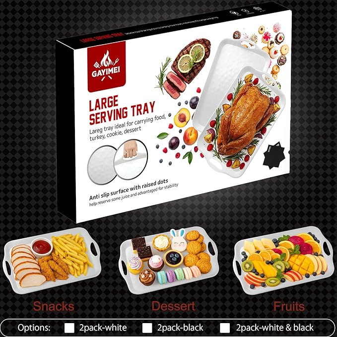 20" x 13" Large Serving Platters for Turkey, Cookie, Cupcakes, Gift Ready Melamine Serving Tray with Handles for Party Entertaining, Raised Dots & Matt Finish, Set of 2, Black