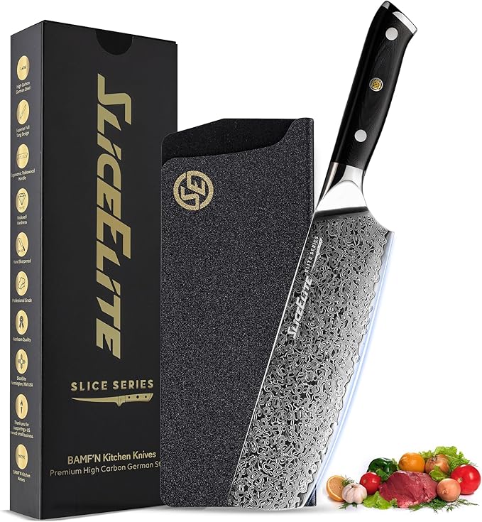 SliceElite Elite Series 7 Inch Nakiri Knife Damascus VG10 Core Forged G10 Handle Polymer Guard Japanese Chef Vegetable Chopping Cleaver Kitchen Knife Sharp Cutting Cooking Tomato Butcher Tool