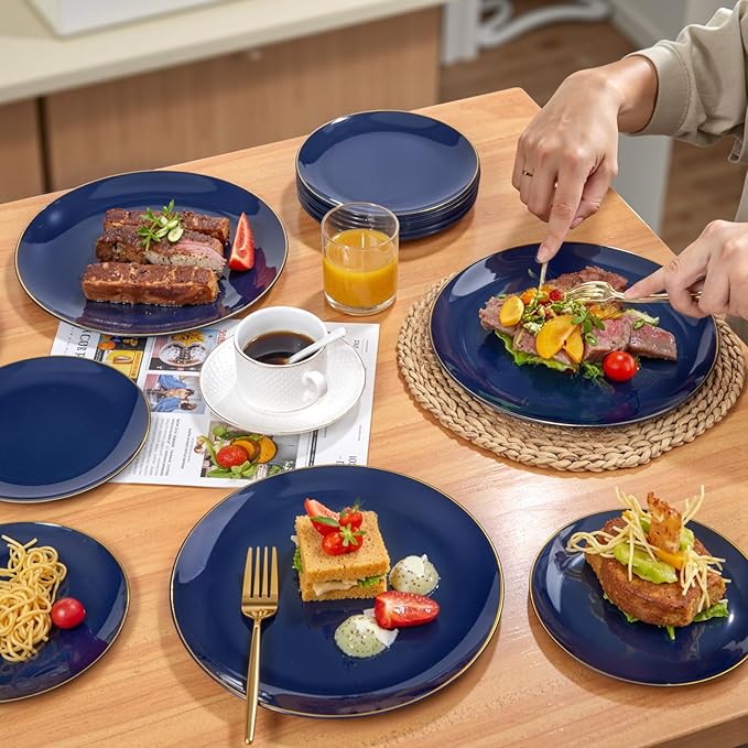 PULOTE 200 Pieces Blue Plastic Plates - Navy Blue and Gold Disposable - Include 100PCS 10 inch Dinner & 100PCS 7 inch Dessert Plate for Party & Labor Day