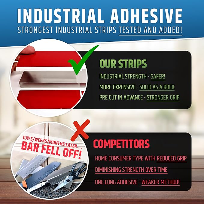 Strong Adhesive (No Drill) Magnetic Knife Holder for Wall - Professional 10 Inch Knife Strip - No Screws Needed - Adhesive Backing - Stainless Steel Bar (Upgraded Version – Will Not Fall)