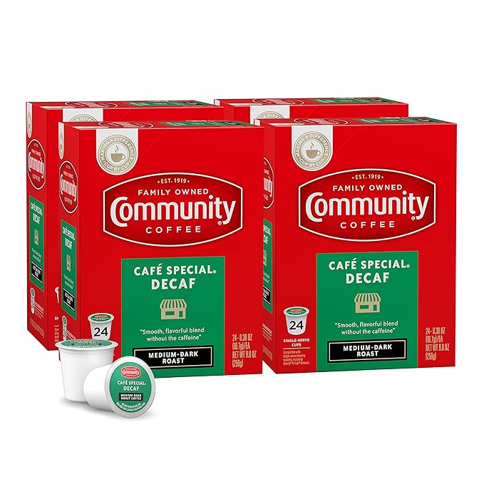 Community Coffee Cafe Special Decaf 96 Count Coffee Pods, Medium Dark Roast, Compatible with Keurig 2.0 K-cup Brewers, 24 Count (Pack of 4)
