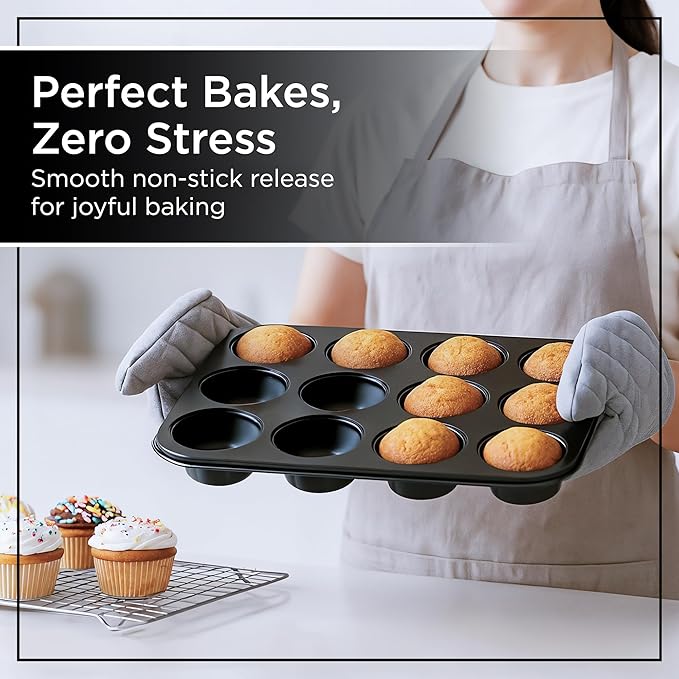 Wrenbury Non Stick Muffin Pan for Baking 12 Cup - Non Toxic Deep Cupcake and Yorkshire Pudding Tin - Even Bakes, Easy Clean, Warp Resistant - 3" Cup