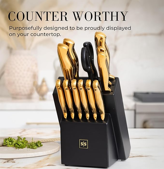Styled Settings 14-Piece Knife Set with Block & Built-In Sharpener – Ultra-Sharp Full Tang Kitchen Knives – Premium Cooking & Prep Essentials, Gold Handle, Gold Blade & Black Block