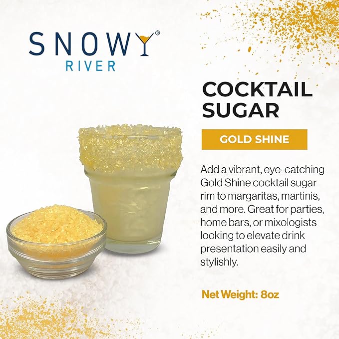 Snowy River Gold, Cocktail & Margarita Sugar Rimmer - Vibrant Color Glass Rimming Sugar with Medium Crystal Texture - 8oz