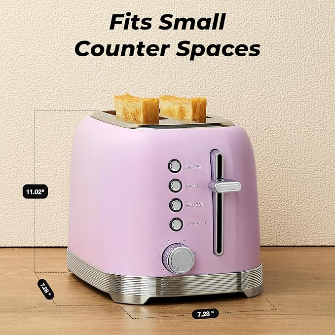Toaster 2 Slice Retro Stainless Steel with 1.5” Extra Wide Slots Bagel, Defrost, Reheat, Cancel Functions, 6 Bread Shade Settings, Removable Crumb Tray, Purplish Pink