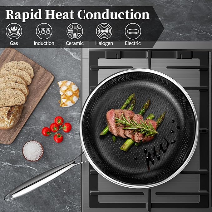 Innerwell Stainless Steel Frying Pans 11 Inch Titanium Ceramic Nonstick Frying Pans Hybrid Tri-Ply Nonstick Honeycomb Kitchen Cooking Pan Compatible with All Cooktops PFOA/PFAS/PTFE Free