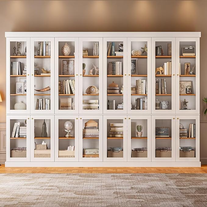 70.8" Tall Farmhouse Kitchen Pantry Cabinet with Glass Doors, Modular Storage Cabinet with 6-Tier Adjustable Shelves, White, Wooden Hutch for Kitchen, Living Room, Set of 4