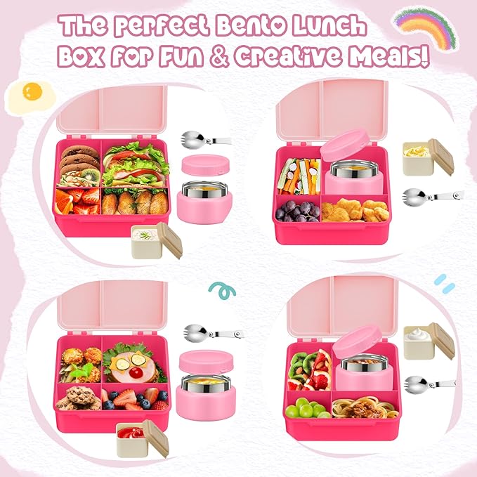 Kids Bento Lunch Box with 8oz Soup Thermo, Kids Leakproof Lunch Food Containers with 4 Compartment,Insulated Hot Food Jar with Lunch Bag for School, Travel (Pink-No lunch bag)