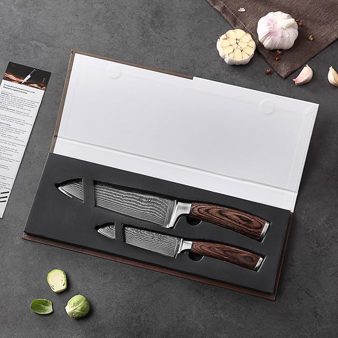 Wakoli EDIB 2-Piece Santoku Damascus Knife Set | Genuine Damascus Steel Blades with VG10 Core | Ergonomic Pakkawood Handles | Professional Kitchen Knife Set in Gift Box