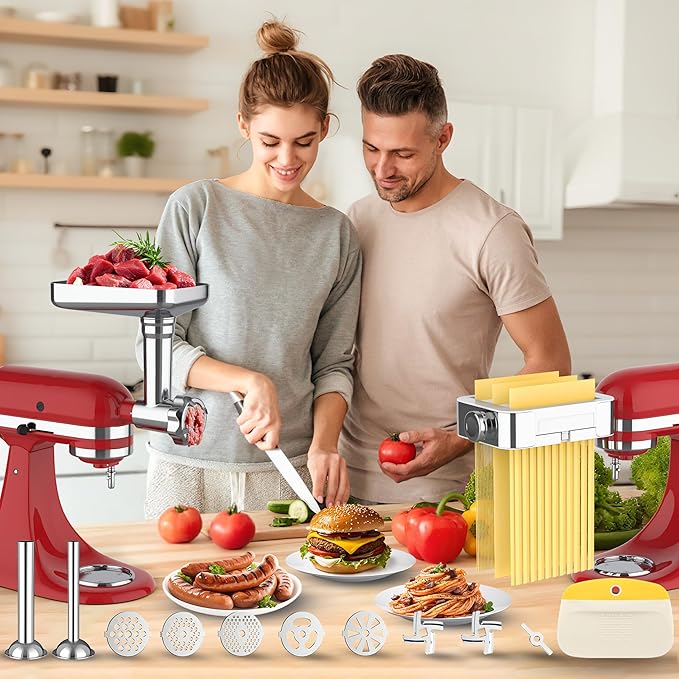 Meat Grinder Pasta Maker Attachment for Kitchenaid Stand Mixers,Set for Kitchenaid Mixer Attachments Includes Metal Food Grinder with Sausage Stuffer Tubes,3 in 1 Pasta Attachment with Dough Cutter