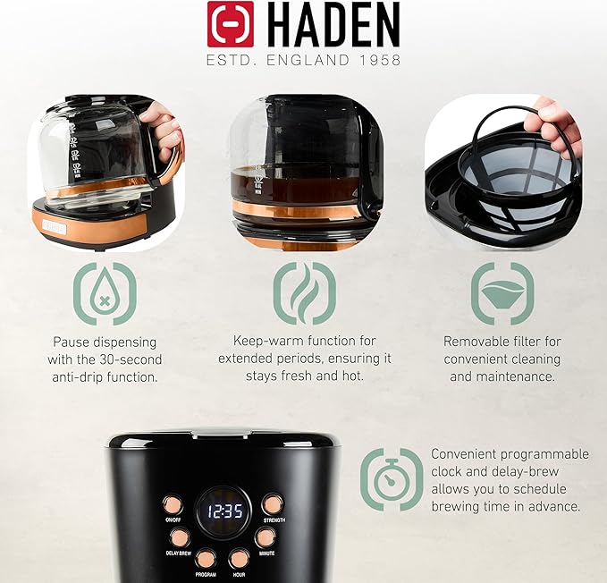 Haden Heritage 4 Slice Wide Slot Stainless Steel Toaster Bundled with 12 Cup Programmable Drip Coffee Maker Coffee Machine, Black & Copper