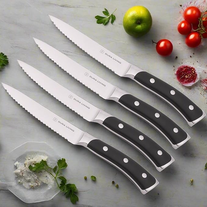 DURA LIVING 4-Piece Serrated Kitchen Steak Knife Set – Forged High Carbon Stainless Steel, Ultra Sharp, Ergonomic Black Handles, Durable Dinner Knives, Black Handle