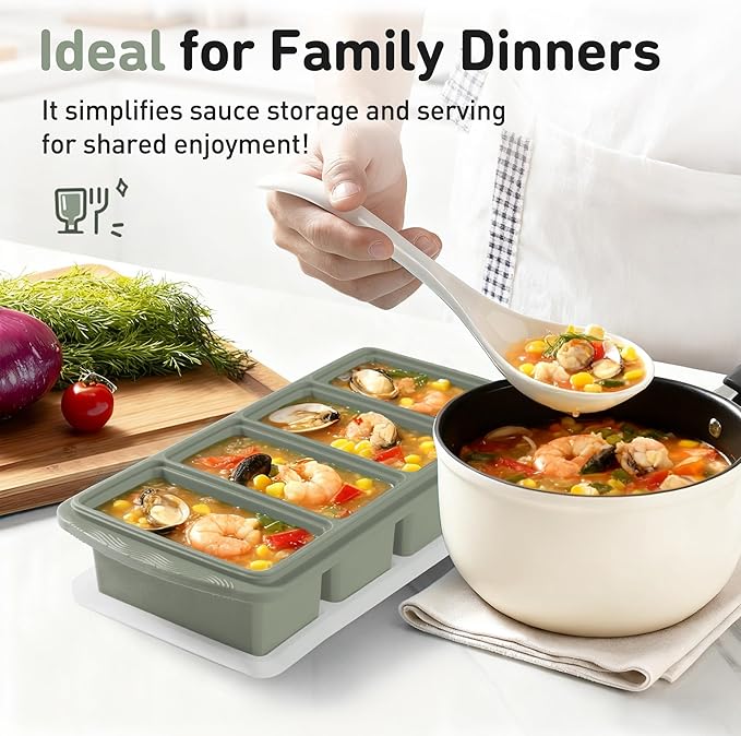 Silicone Freezer Tray with Lid Soup Freezer Container Molds with Steel Reinforced Rim Large Ice Cube Tray Makes 8 Perfect 1 Cup Portions Cubes Storage Food Portion Control Containers Kitchen Gadgets