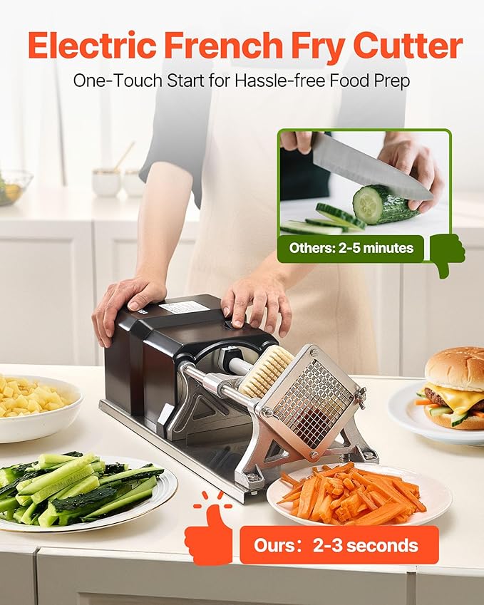 VEVOR Commercial French Fry Cutter, Stainless Steel Vegetable Fruit Chopper with 3 Replacement Blades 1/2-Inch 3/8-Inch 1/4-Inch, Electric Potato Slicer Dicer for Restaurants & Home Kitchen
