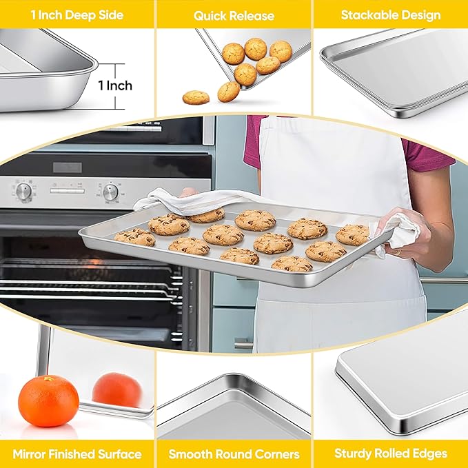 Homikit 1 Pack Baking Sheet, 16x12 Inch Stainless Steel Cookie Tray Set for Oven, Metal Jelly Roll Pan for Baking Cooking Toasting, Rustproof & Non Stick, Mirror Finish & Dishwasher Safe