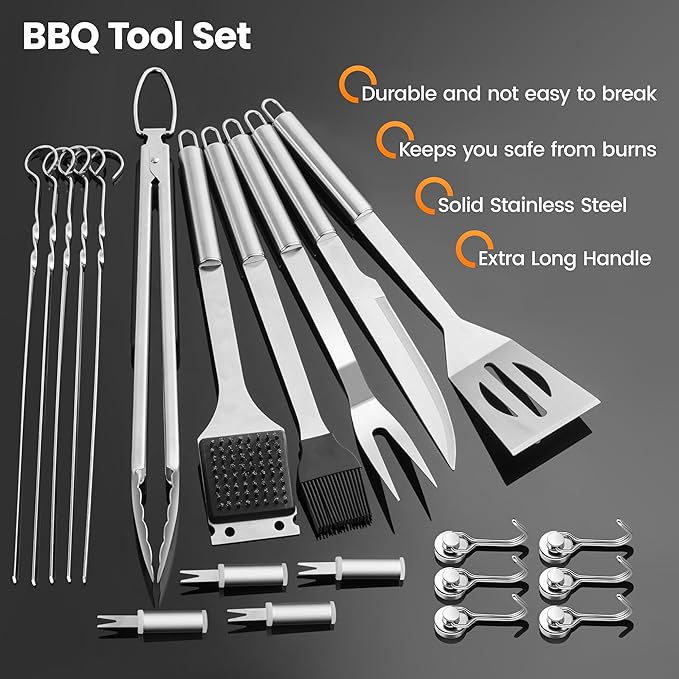 22PCS BBQ Grill Set, BBQ Grill Tools Set for Outdoor Grill with Hooks & Carry Handbag, BBQ Tools Grilling Accessories Kit for Camping/Backyard, Grilling for Men Dad