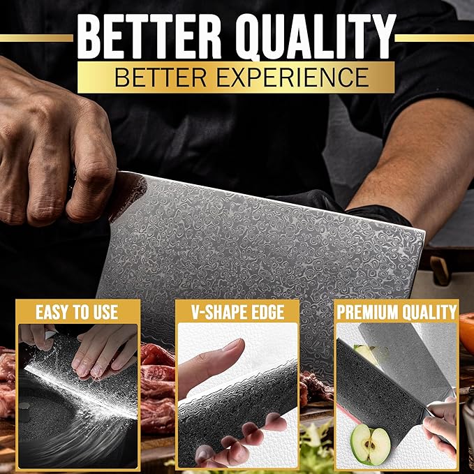 SliceElite Elite Series 7 Inch Meat Cleaver Knife Damascus VG10 Core Forged Carbon Fiber Handle Heavy Duty Chopper Sharp Kitchen Butcher Bone Cutter Vegetable Fruit Chef Tool Dual Protection Gift