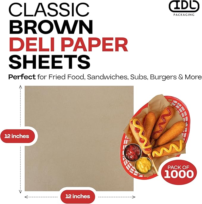 Brown Deli Paper Sheets, 12" x 12" (1000 pcs.) - USA-Made Premium Food Basket Liners - PFAS-free Grease Resistant Deli Paper Sheets for Snack & Baking Wrap, Picnic & Party by IDL Packaging