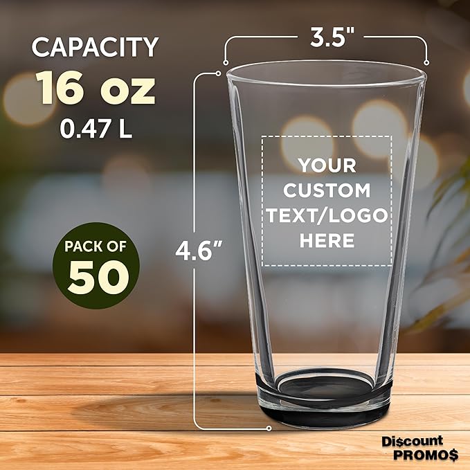 Custom Casale Pint Glass 16 oz. Set of 50, Personalized Bulk Pack - Beer Glasses, Heavy Duty Drinkware - Black